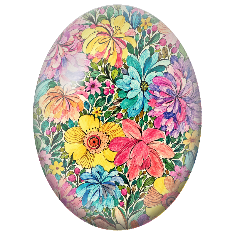 Cabochon en Verre Illustré Jardin Fleuri Dessiné aux Couleurs Pastel 13x18, 18x25 ou 30x40mm