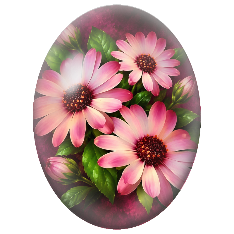 Cabochon en Verre Illustré Marguerites Roses sur Fond Framboise 13x18, 18x25 ou 30x40mm