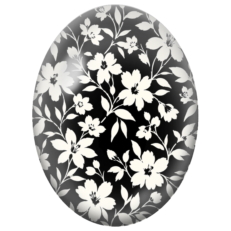 Cabochon en Verre Illustré Fleurs Blanches Graphiques sur Fond Noir 13x18, 18x25 ou 30x40mm