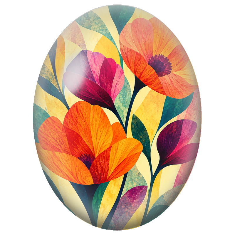 Cabochon en Verre Illustré Coquelicots Géométriques Orange et Fuchsia 13x18, 18x25 ou 30x40mm