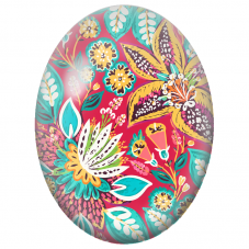 Cabochon en Verre Illustré Fleurs Folk Turquoise et Jaunes sur Fond Rouge 13x18, 18x25 ou 30x40mm - Pour la Création de Bijoux