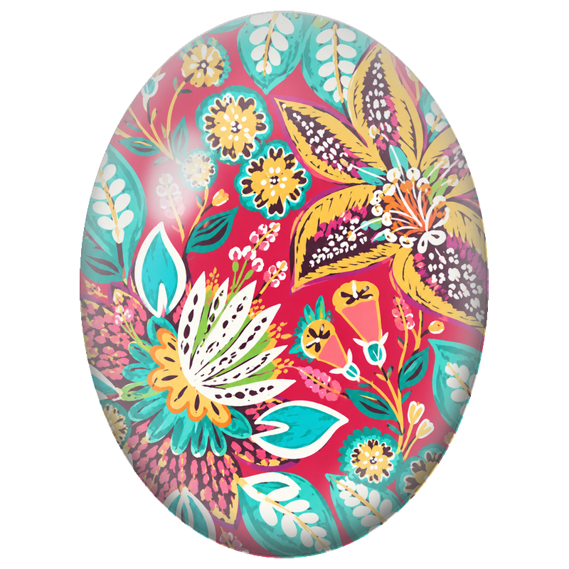 Cabochon en Verre Illustré Fleurs Folk Turquoise et Jaunes sur Fond Rouge 13x18, 18x25 ou 30x40mm