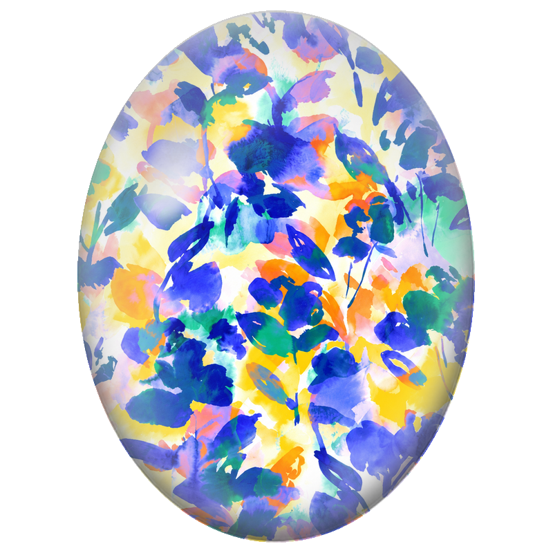 Cabochon en Verre Illustré Fleurs Bleues sur Fond Jaune Aquarellé 13x18, 18x25 ou 30x40mm