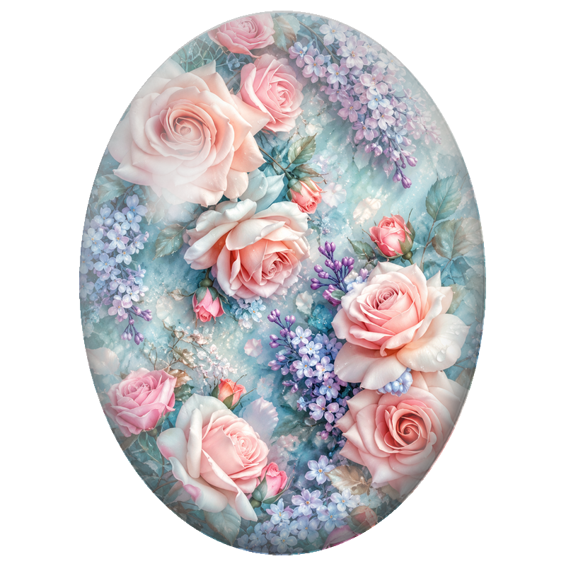 Cabochon en Verre Illustré Roses Roses et Lilas sur Fond Turquoise 13x18, 18x25 ou 30x40mm