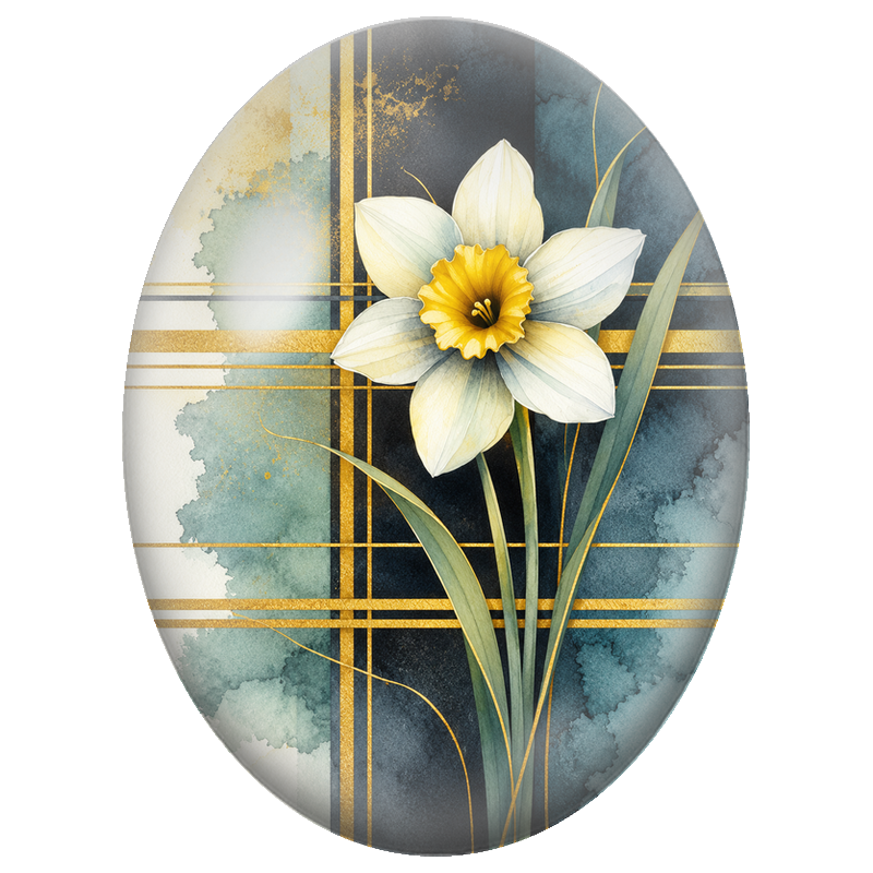 Cabochon en Verre Illustré Narcisse Blanc sur Fond Bleu et Or 13x18, 18x25 ou 30x40mm