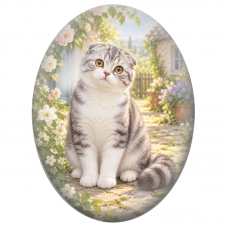 Cabochon en Verre Illustré Chat Scottish Fold dans un Jardin Fleuri 13x18, 18x25 ou 30x40mm - Pour la Création de Bijoux