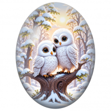 Cabochon en Verre Illustré Duo de Chouettes Blanches sous la Neige 13x18, 18x25 ou 30x40mm - Pour la Création de Bijoux