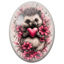 Cabochon en Verre Illustré Hérisson au Cœur Rose et aux Fleurs 13x18, 18x25 ou 30x40mm - Pour la Création de Bijoux Fantaisie