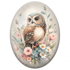 Cabochon en Verre Illustré Petite Chouette dans les Fleurs Pastel 13x18, 18x25 ou 30x40mm - Pour la Création de Bijoux Fantaisie