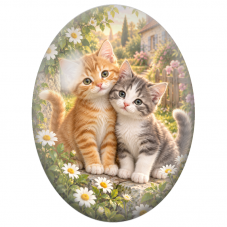Cabochon en Verre Illustré Deux Chatons Câlins parmi les Marguerites 13x18, 18x25 ou 30x40mm - Pour la Création de Bijoux