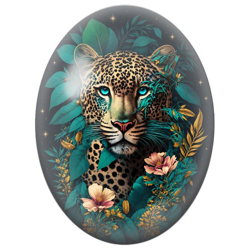 Cabochon en Verre Illustré Léopard aux Yeux Turquoise 13x18, 18x25 ou 30x40mm