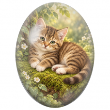 Cabochon en Verre Illustré Chaton Tigré sur un Tapis de Mousse 13x18, 18x25 ou 30x40mm - Pour la Création de Bijoux Fantaisie