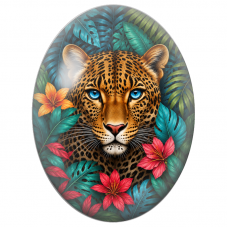Cabochon en Verre Illustré Léopard aux Yeux Bleus parmi les Fleurs 13x18, 18x25 ou 30x40mm - Pour la Création de Bijoux