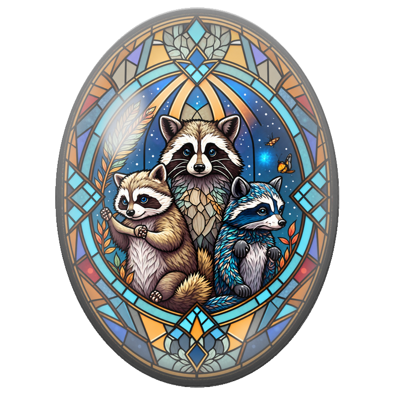 Cabochon en Verre Illustré Famille de Ratons Laveurs en Vitrail 13x18, 18x25 ou 30x40mm
