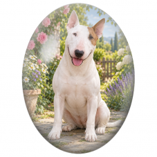 Cabochon en Verre Illustré Bull Terrier Blanc au Jardin 13x18, 18x25 ou 30x40mm - Pour la Création de Bijoux Fantaisie - DIY