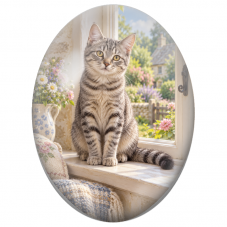 Cabochon en Verre Illustré Chat Tigré sur le Rebord d’une Fenêtre 13x18, 18x25 ou 30x40mm - Pour la Création de Bijoux Fantaisie