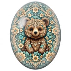 Cabochon en Verre Illustré Ourson Bohème aux Fleurs Turquoise 13x18, 18x25 ou 30x40mm - Pour la Création de Bijoux Fantaisie