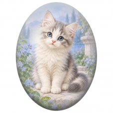 Cabochon en Verre Illustré Chaton Gris et Blanc aux Fleurs Bleues 13x18, 18x25 ou 30x40mm - Pour la Création de Bijoux Fantaisie