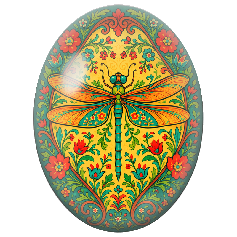 Cabochon en Verre Illustré Libellule Folk aux Fleurs Rouges 13x18, 18x25 ou 30x40mm