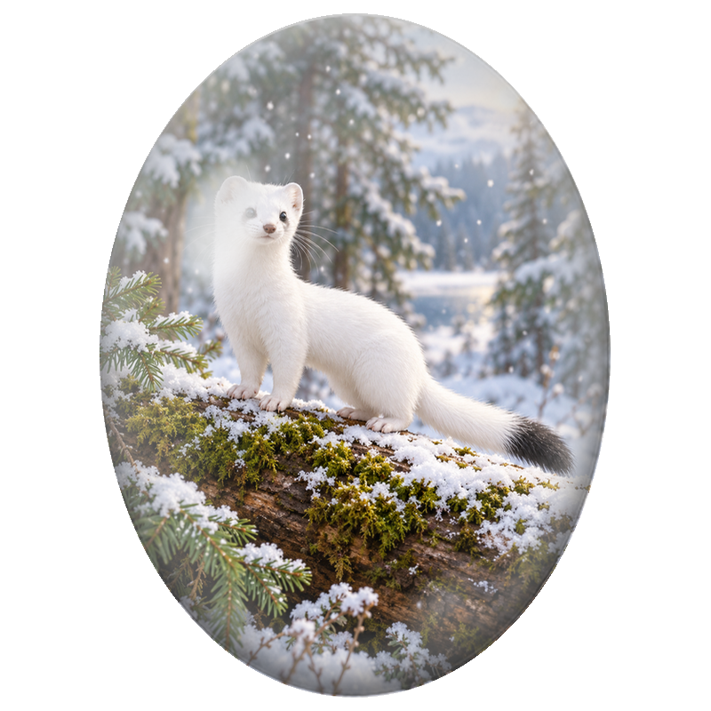 Cabochon en Verre Illustré Hermine Blanche dans la Neige 13x18, 18x25 ou 30x40mm