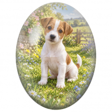 Cabochon en Verre Illustré Chiot Jack Russell dans les Fleurs 13x18, 18x25 ou 30x40mm - Pour la Création de Bijoux Fantaisie