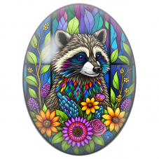 Cabochon en Verre Illustré Raton Laveur Vitrail aux Fleurs Colorées 13x18, 18x25 ou 30x40mm - Pour la Création de Bijoux