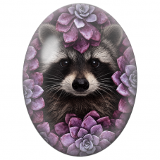 Cabochon en Verre Illustré Raton Laveur aux Succulentes Violettes 13x18, 18x25 ou 30x40mm - Pour la Création de Bijoux Fantaisie