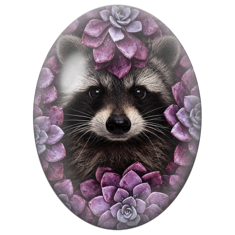 Cabochon en Verre Illustré Raton Laveur aux Succulentes Violettes 13x18, 18x25 ou 30x40mm