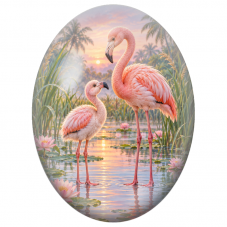 Cabochon en Verre Illustré Flamant Rose et son Petit au Crépuscule 13x18, 18x25 ou 30x40mm - Pour la Création de Bijoux
