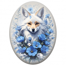 Cabochon en Verre Illustré Renard Blanc aux Fleurs Bleues 13x18, 18x25 ou 30x40mm - Pour la Création de Bijoux Fantaisie - DIY
