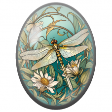 Cabochon en Verre Illustré Libellule Art Nouveau aux Fleurs Blanches 13x18, 18x25 ou 30x40mm - Pour la Création de Bijoux
