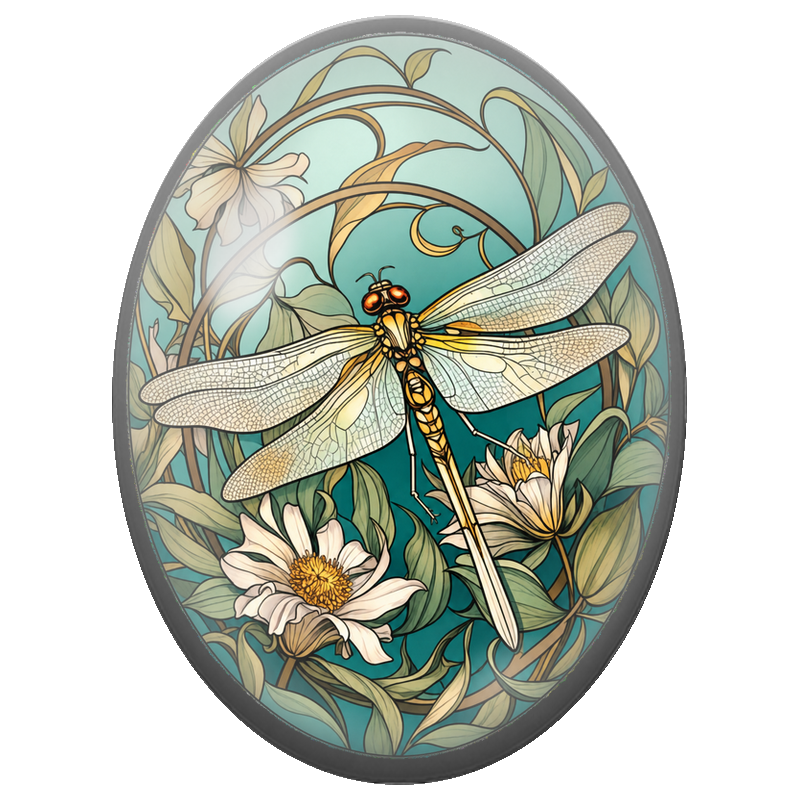 Cabochon en Verre Illustré Libellule Art Nouveau aux Fleurs Blanches 13x18, 18x25 ou 30x40mm