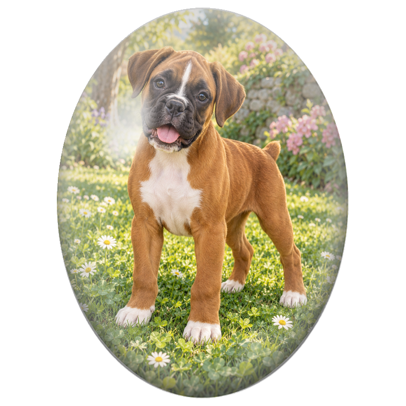 Cabochon en Verre Illustré Chiot Boxer dans les Marguerites 13x18, 18x25 ou 30x40mm