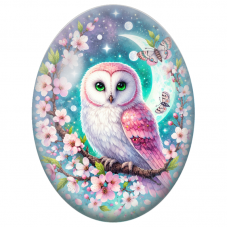 Cabochon en Verre Illustré Chouette Rose sous le Croissant de Lune 13x18, 18x25 ou 30x40mm - Pour la Création de Bijoux