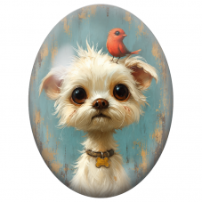 Cabochon en Verre Illustré Petit Chien Blanc et Oiseau Rouge 13x18, 18x25 ou 30x40mm - Pour la Création de Bijoux Fantaisie