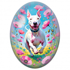 Cabochon en Verre Illustré Bull Terrier Blanc dans les Coquelicots Roses 13x18, 18x25 ou 30x40mm - Pour la Création de Bijoux