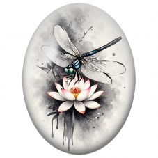 Cabochon en Verre Illustré Libellule à l’Encre sur Fleur de Lotus 13x18, 18x25 ou 30x40mm - Pour la Création de Bijoux Fantaisie