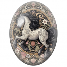 Cabochon en Verre Illustré Cheval Blanc Cabré aux Fleurs Anciennes 13x18, 18x25 ou 30x40mm - Pour la Création de Bijoux