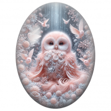 Cabochon en Verre Illustré Chouette Rose dans un Jardin de Perles 13x18, 18x25 ou 30x40mm - Pour la Création de Bijoux Fantaisie