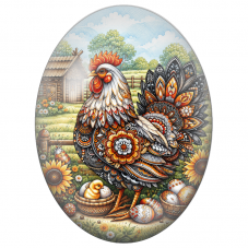 Cabochon en Verre Illustré Poule Ornementale aux Œufs Décorés 13x18, 18x25 ou 30x40mm - Pour la Création de Bijoux Fantaisie