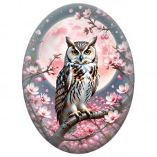 Cabochon en Verre Illustré Hibou sous la Lune Rose et les Fleurs de Cerisier 13x18, 18x25 ou 30x40mm
