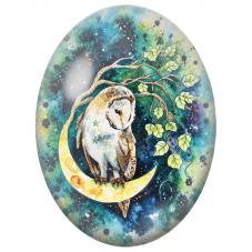 Cabochon en Verre Illustré Chouette Effraie sur un Croissant de Lune 13x18, 18x25 ou 30x40mm - Pour la Création de Bijoux