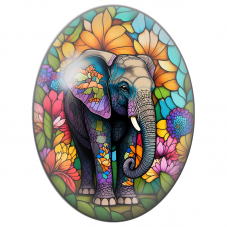 Cabochon en Verre Illustré Éléphant Fleuri Façon Vitrail 13x18, 18x25 ou 30x40mm - Pour la Création de Bijoux Fantaisie - DIY