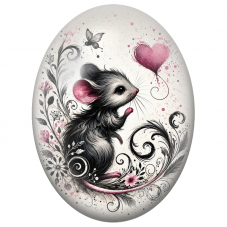 Cabochon en Verre Illustré Souris au Ballon Cœur Rose 13x18, 18x25 ou 30x40mm - Pour la Création de Bijoux Fantaisie - DIY