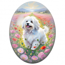 Cabochon en Verre Illustré Petit Chien Blanc dans un Champ de Fleurs 13x18, 18x25 ou 30x40mm - Pour la Création de Bijoux