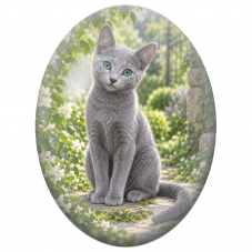 Cabochon en Verre Illustré Chat Bleu Russe aux Yeux Verts 13x18, 18x25 ou 30x40mm - Pour la Création de Bijoux Fantaisie - DIY