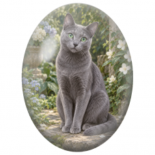 Cabochon en Verre Illustré Chat Bleu Russe dans un Jardin Romantique 13x18, 18x25 ou 30x40mm - Pour la Création de Bijoux