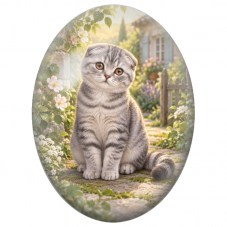 Cabochon en Verre Illustré Chaton Scottish Fold Gris dans un Jardin de Campagne 13x18, 18x25 ou 30x40mm