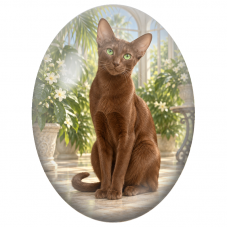 Cabochon en Verre Illustré Chat Oriental Chocolat dans une Véranda Fleurie 13x18, 18x25 ou 30x40mm - Pour la Création de Bijoux