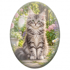 Cabochon en Verre Illustré Chaton Maine Coon Gris parmi les Roses 13x18, 18x25 ou 30x40mm - Pour la Création de Bijoux Fantaisie
